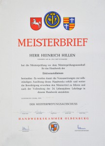 Meisterbrief Heinrich Hillen