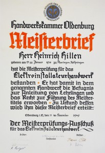 Meisterbrief Heinrich Hillen